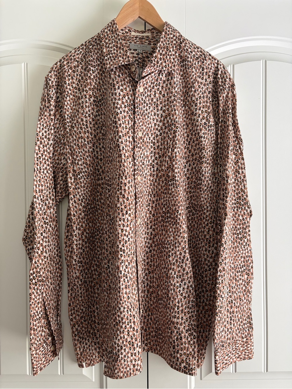 Ted Baker NWT Mens Long Sleeve Button Down Shirt Geometric Beige Shapes Sz 6 2XL